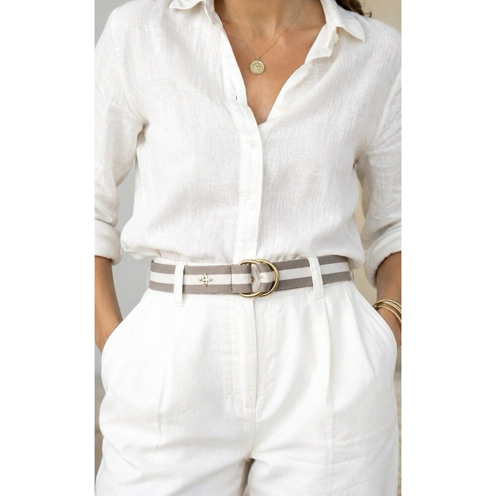 India Hicks Speedy Stripe Belt Taupe Ivory Gold D Ring Italy Quiet Luxury S/M